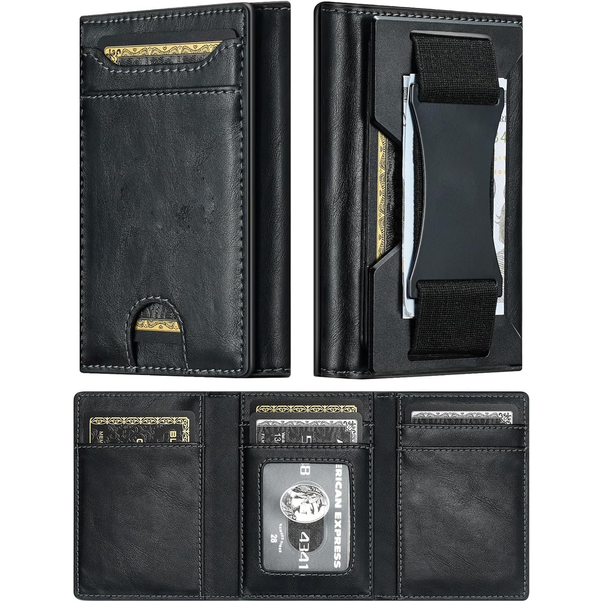 Amazon RFID anti-robo cartera multifuncional tres plegables billetera de negocios de gran capacidad con correa de cuero