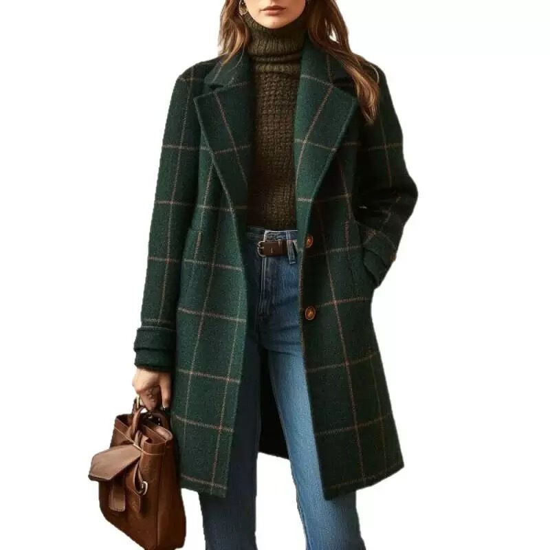 European and American Autumn and Winter New Cross-Border Amazon Vintage Plaid Casual Mid-Length Woolen Coat Women's Pea Coat