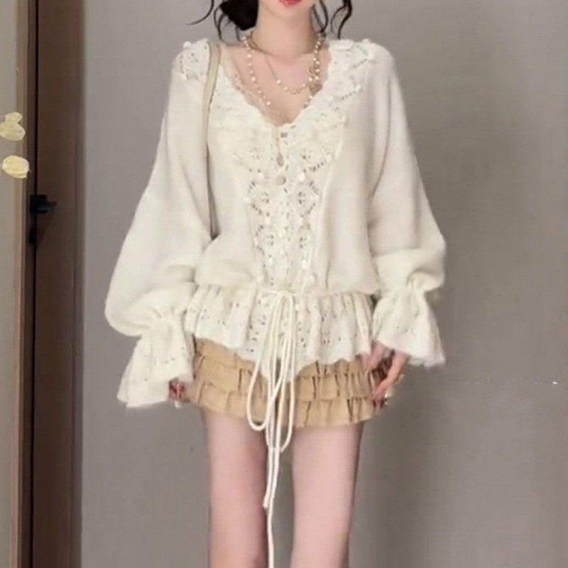 YS慵懒风V领毛球羊毛外套女设计感薄款绑带镂空针织衫宽松开衫女|undefined