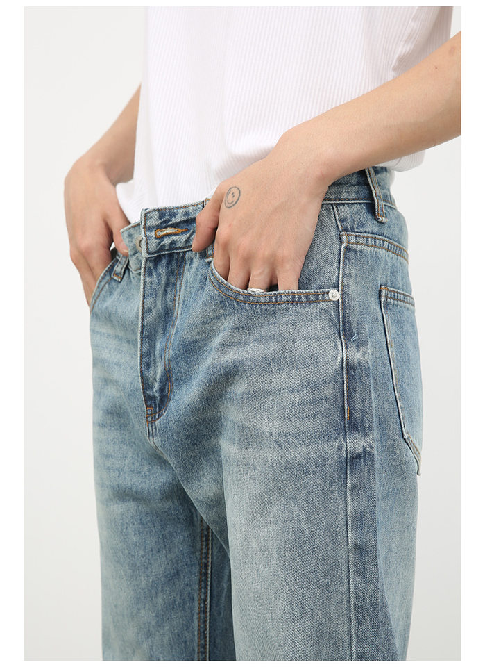 Quần jean nam ống loe nhẹ cạp vừa dáng suông rộng giặt wash cổ điển — Màu xanh lam, Đen xám chi tiết 12