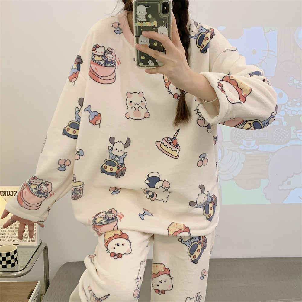 Al por mayor transfronterizo otoño y invierno nuevos pijamas de niñas de franela gruesa hoodie de cuello redondo dibujos animados calentamiento conjunto de ropa doméstica