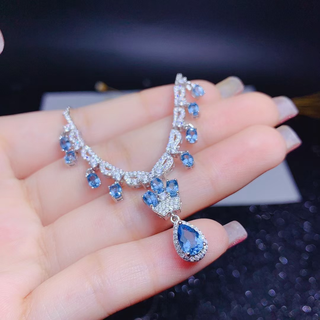 Fashion Water Droplets Copper Pendant Necklace Inlay Artificial Gemstones Copper Necklaces