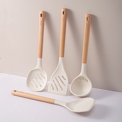 Silicone kitchen utensils with wooden handles, silicone spatulas and spoons, household kitchen high temperature resistant cooking spatulas, colanders, non-stick frying spatulas