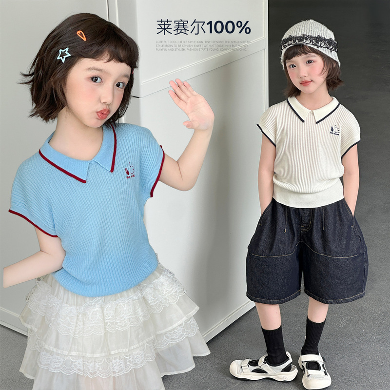 Rainy Morning Children's Clothing Girls' Knitted T-Shirt Summer New Casual Color-Block Short-Sleeve Knit Top Rainy Morning Children's Clothing Girls' Knitted T-Shirt Summer New Casual Color-Block Short-Sleeve Knit Top