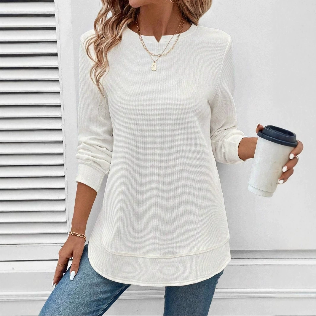 Spot cross-border Amazon women's basic asymmetric hem waffle check casual and comfortable sweatshirt