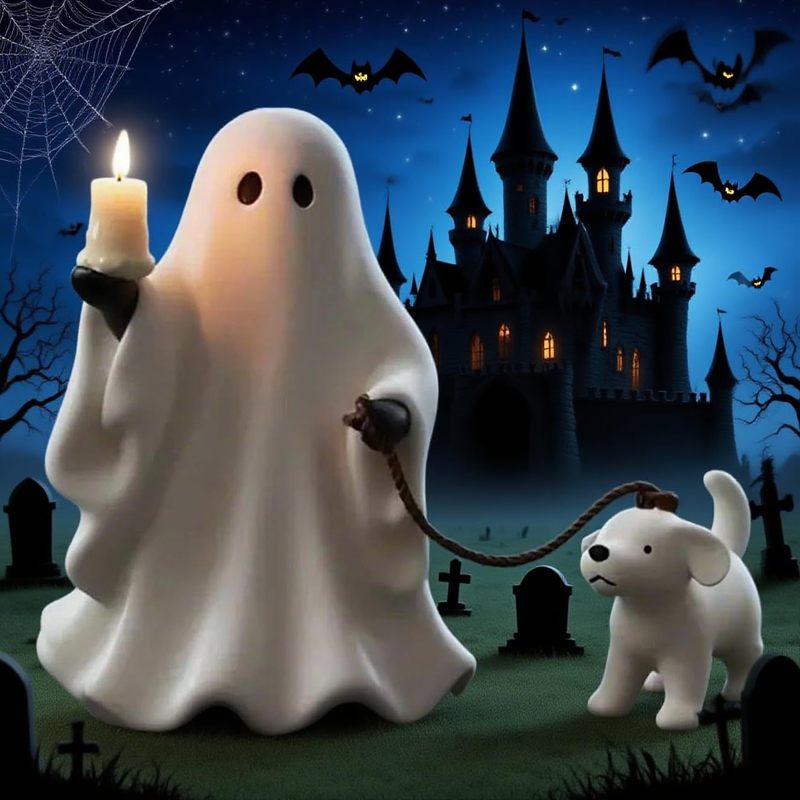 Halloween Ghost Dog Statue 遛狗幽灵举蜡烛 树脂万圣节装饰|undefined