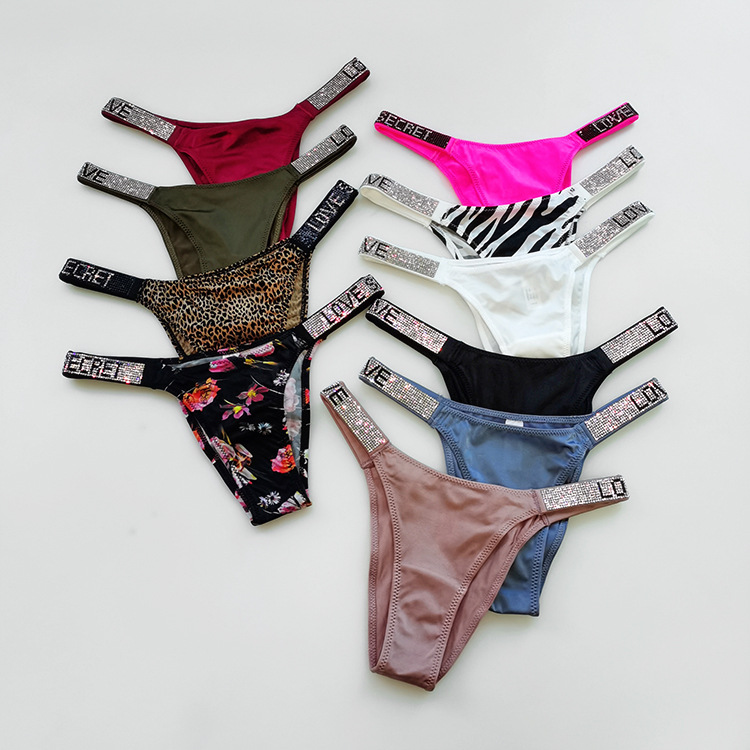 Sexy Rhinestone Hip-lifting Low-waist High-fork Half-pack Hip T-shaped Panties Women