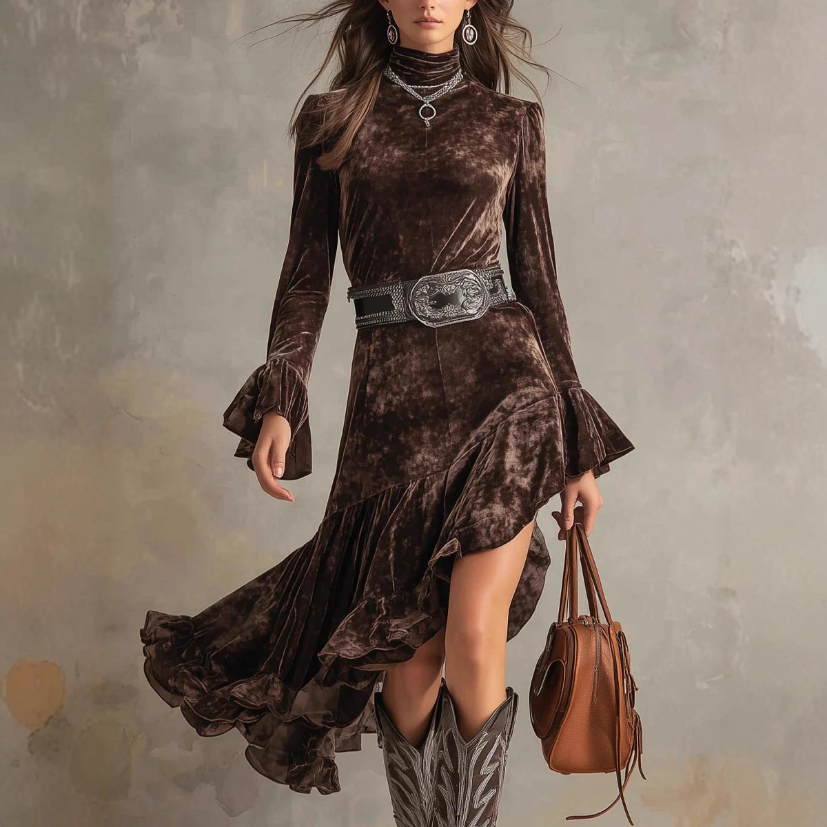 2025 European and American Clothing Amazon Independent Site Velvet Splicing Lace Waist Dress French Style Long Skirt