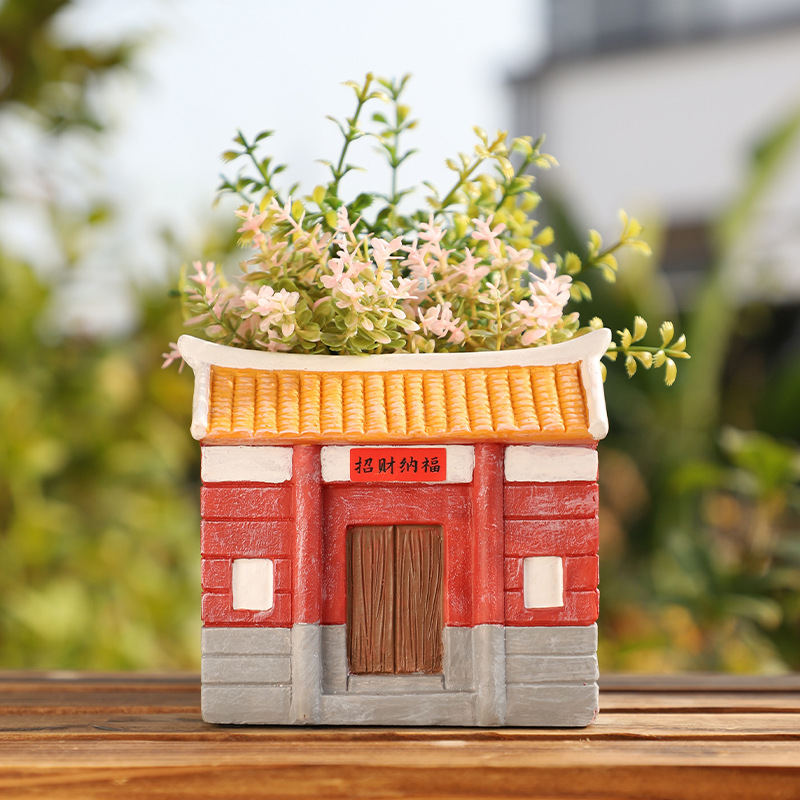 Chậu Cây Resin Chậu cây hình nhà cổ Phúc Kiến resin, chậu mọng nước mini, đồ thủ công văn hóa truyền thống (RG-138)