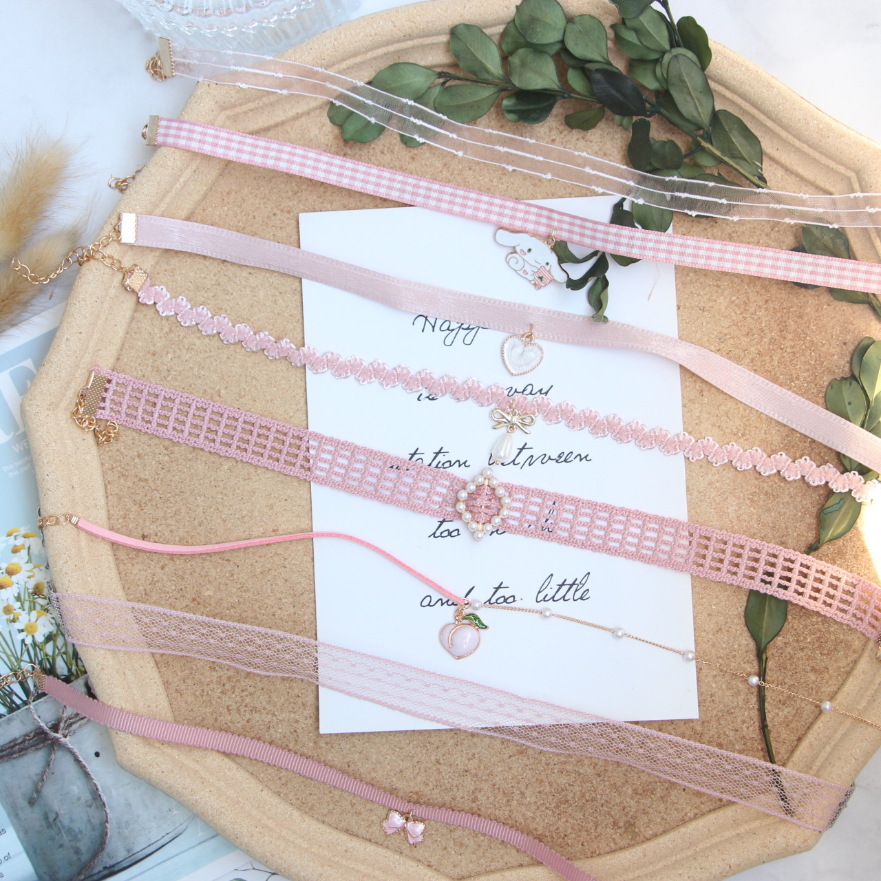 ins Style Sweet Clavicle Chain Female Girl's Heart Lace Fabric Sweet Cool Pink Peach choker Necklace