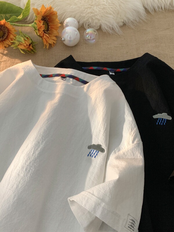 NASA刺绣棉麻短袖T恤男士夏季宽松大码廓形衣服潮牌男款亚麻半袖|undefined