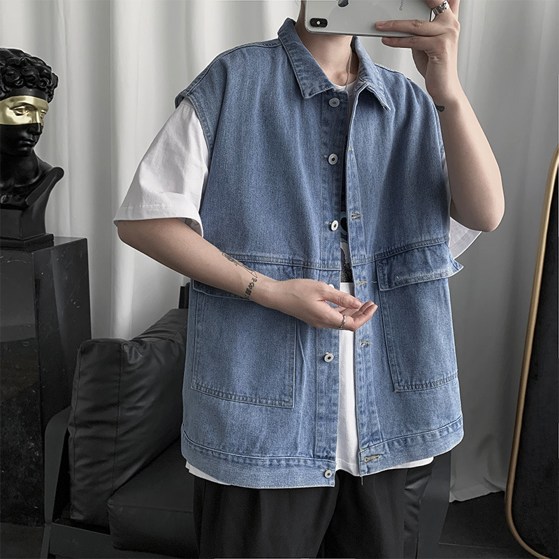 Ins Waistcoat Denim Jacket Men's Spring and Autumn Fashionable Korean Style Loose Bf Style Sleeveless Overalls Vest