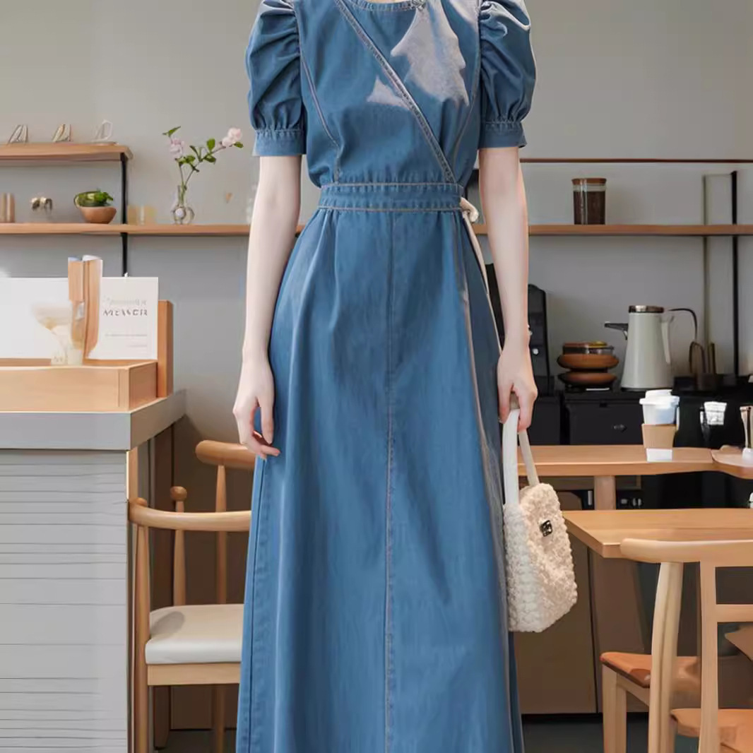 Váy denim xanh dáng maxi thắt eo phong cách Hàn Quốc mùa hè — Màu xanh lam