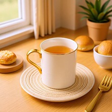 批发陶瓷纯白牛奶茶水杯子创意金把手办公水杯广告礼品骨瓷马克杯