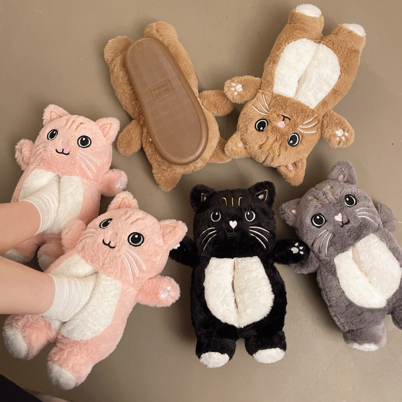 搞怪猫咪玩偶棉鞋女冬季一脚蹬懒人面包鞋舒适踩屎感可爱地板拖鞋|undefined