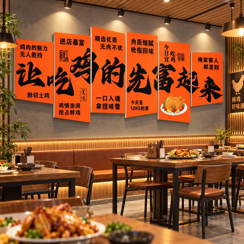Creative wall decorations for a street-style wood-fired pot chicken restaurant, featuring a yellow-braised chicken dish, catering to the restaurant's cultural theme, in the form of posters and advertising stickers Creative wall decorations for a street-style wood-fired pot chicken restaurant, featuring a yellow-braised chicken dish, catering to the restaurant's cultural theme, in the form of posters and advertising stickers