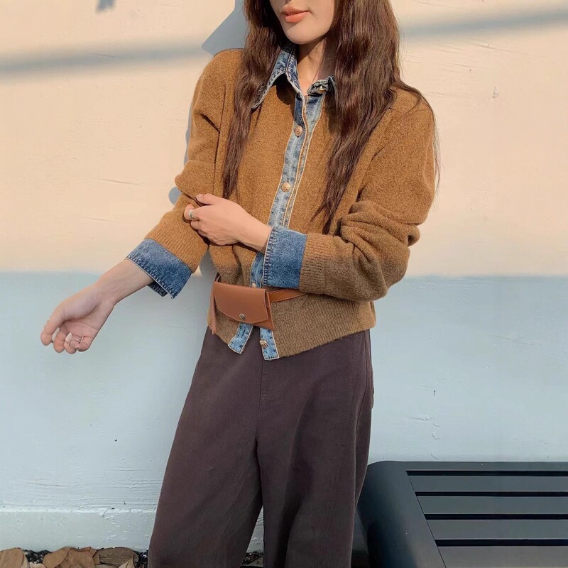 Japanese and Korean Style Patchwork Denim Design Knitted Cardigan 2025 Autumn and Winter New Loose Casual Sweater Coat for Women Japanese and Korean Style Patchwork Denim Design Knitted Cardigan 2025 Autumn and Winter New Loose Casual Sweater Coat for Women