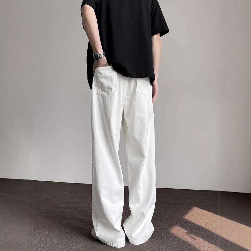 Summer New American High Street White Jeans for Men, High-End, Loose, Straight, Wide-Leg, Floor-Length, Versatile Long Pants