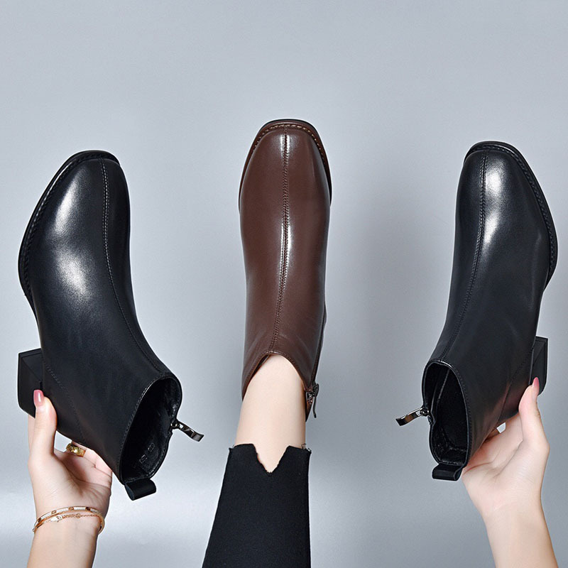 Genuine Leather mid heel ankle boots 2023 Spring and Autumn New thick heel soft bottom all-match women's thin boots elegant square toe Martin boots