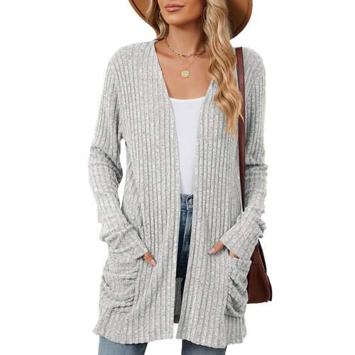 European and American pure color casual pocket long sleeve crew neck knit sweater