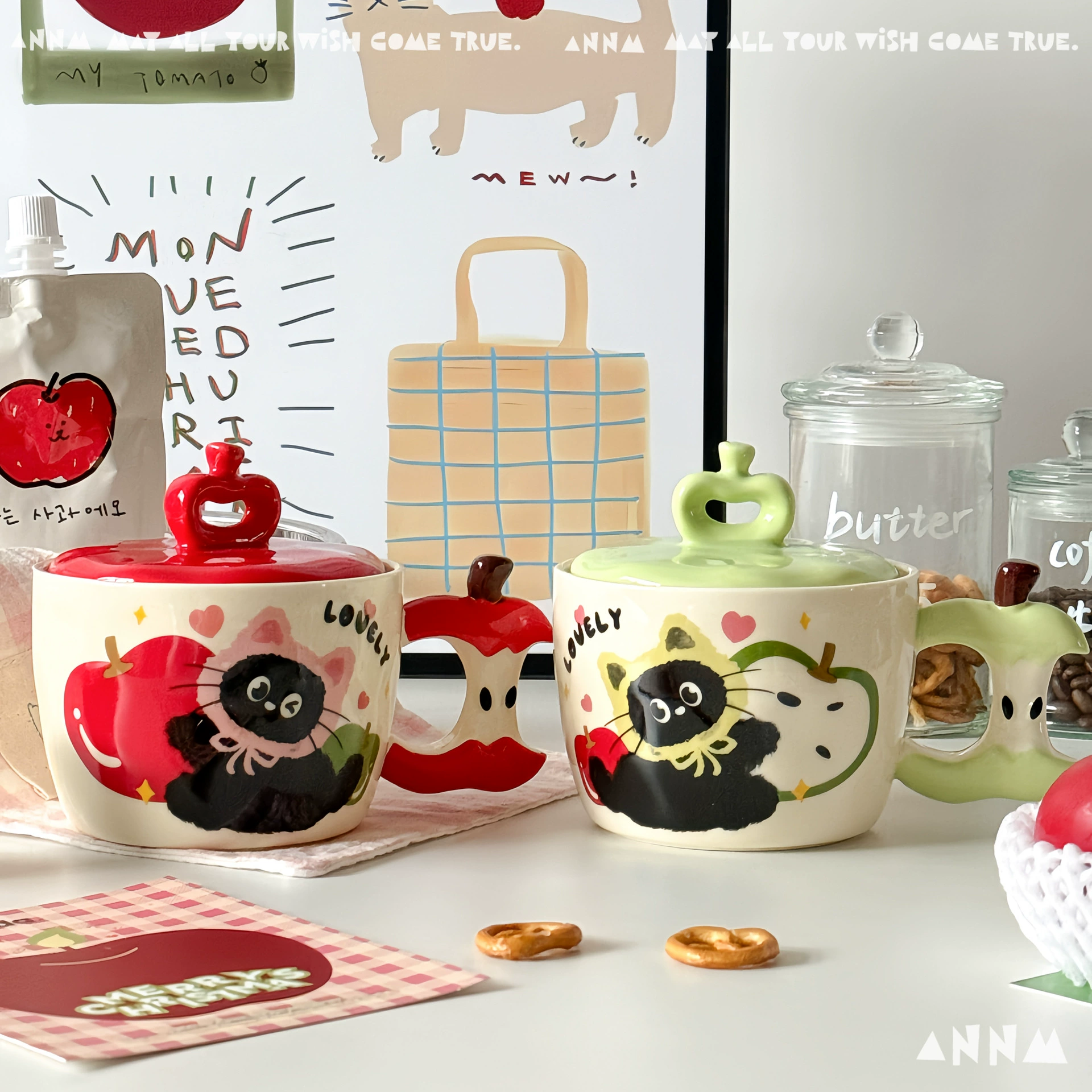 Ceramic Apple Cat Mug with Lid, 450 ml, Gift Boxed Cute Handle, Red/Green