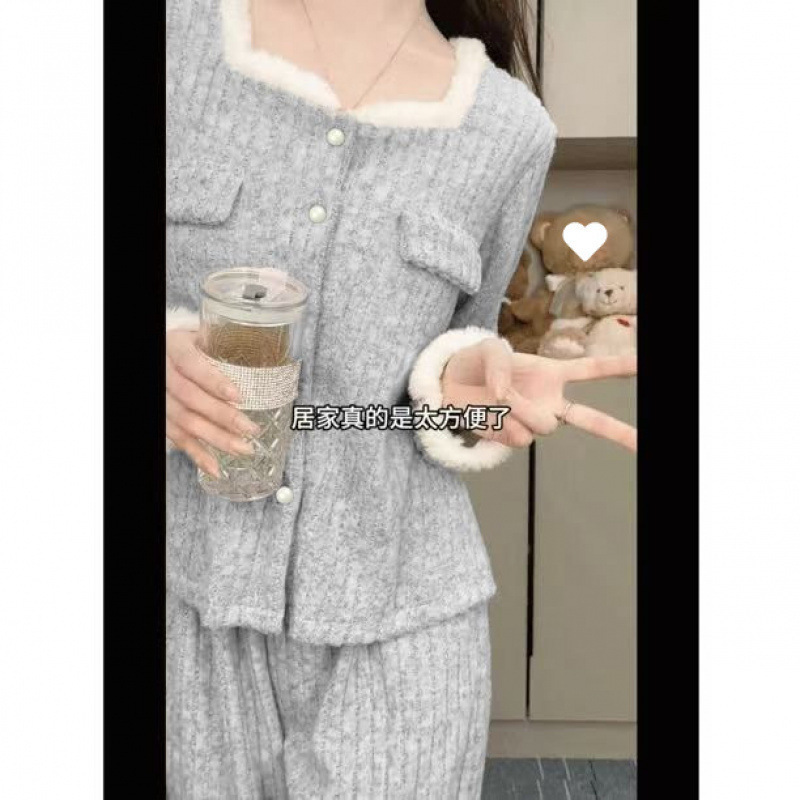 2025新款睡衣女春秋高颜值带胸垫一体小香风减龄洋气家居服套装女|undefined