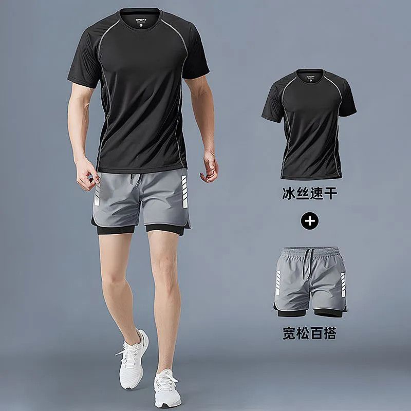 夏季运动套装男可放手机速干短袖短裤跑步健身篮球训练服套装|undefined