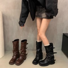 【牛皮版】～小众复古粗跟中筒靴西部牛仔堆堆靴骑士靴法式女靴子