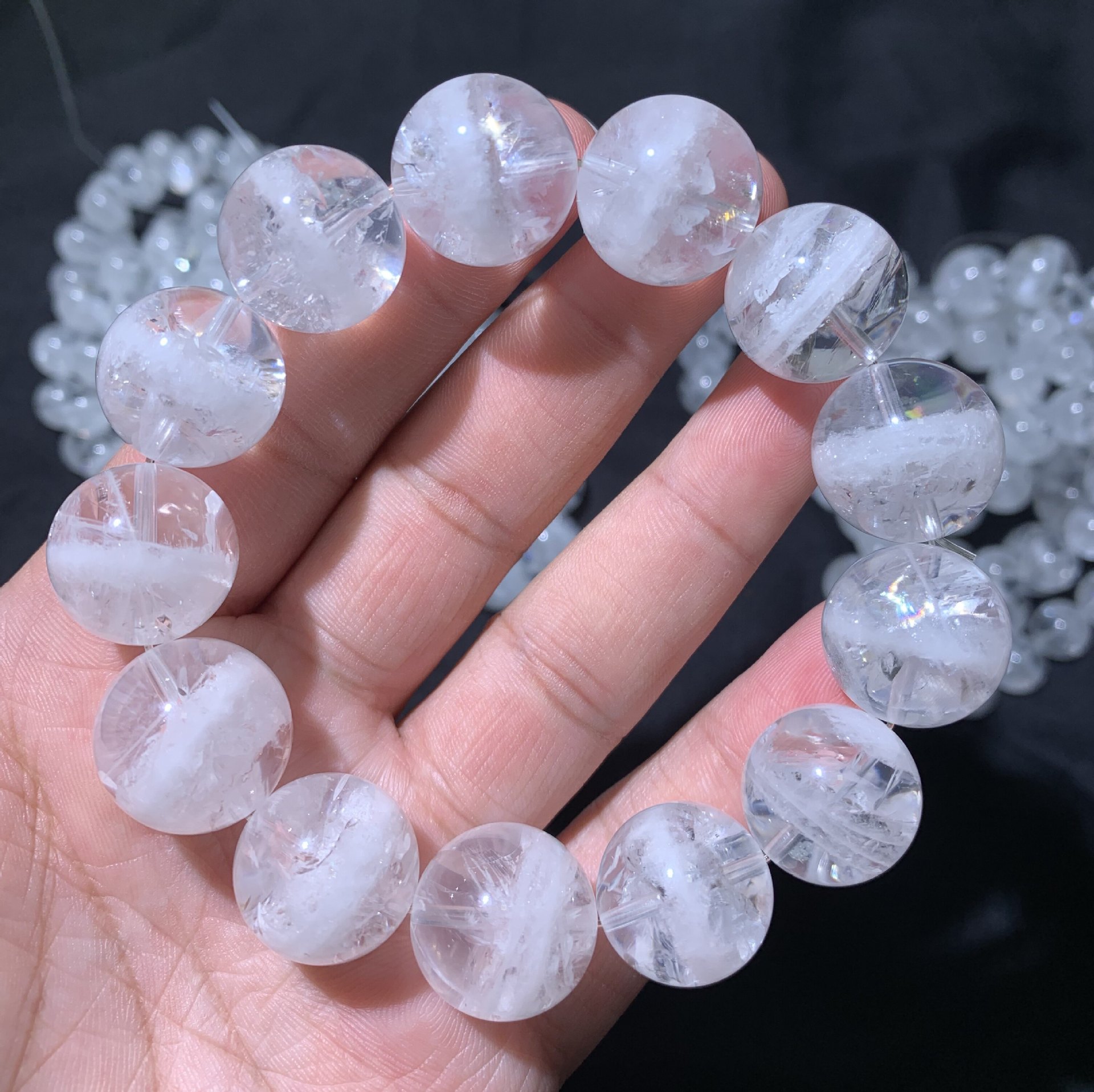 天然巴西白幽灵手串聚宝盆千层白幽灵水晶带闪片手链简约时尚批发