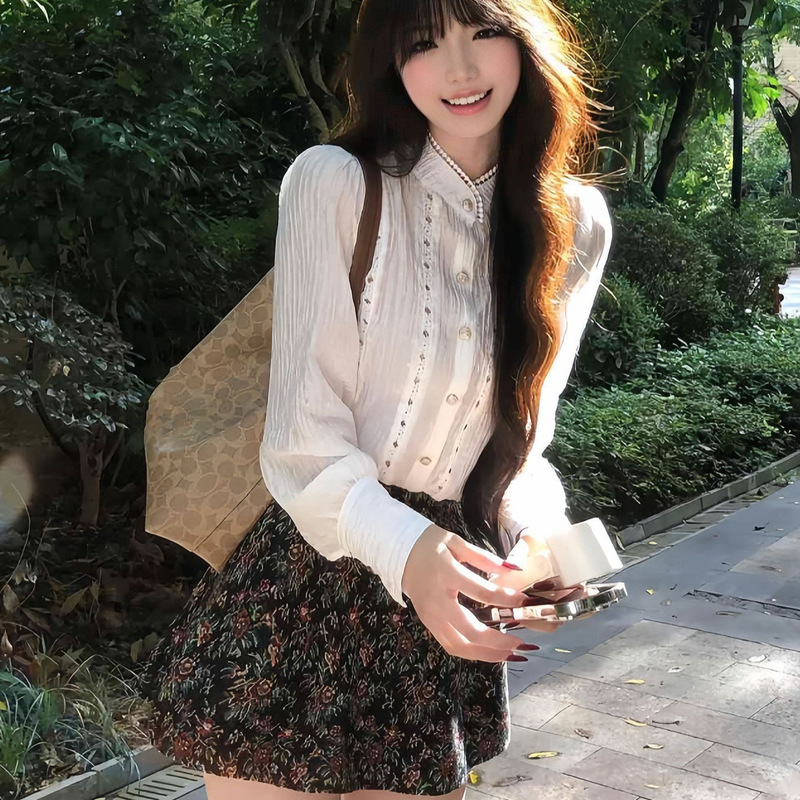 2026 Autumn New Sweet Style Lace Long Sleeve Shirt and Floral Skirt Two-Piece Set for Women with Elegant Design