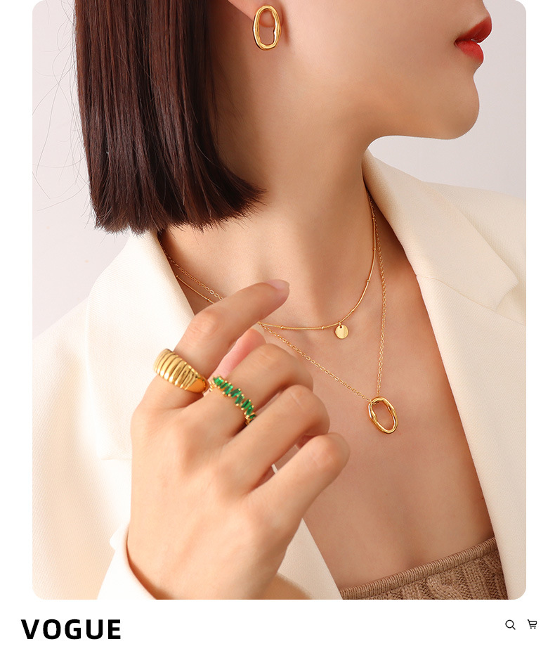 Titanium steel plated 18K gold geometric stacking double-layer necklace earrings jewelry