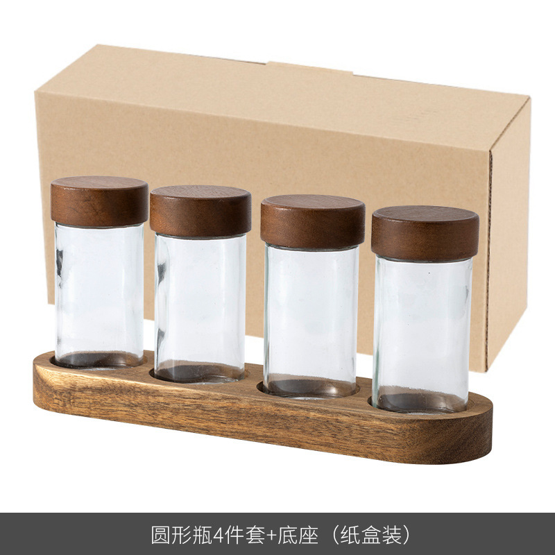 アカシア材保存瓶 日用品用 高ホウケイ酸透明蓋付き キッチン保存瓶 4個セット ベーススパイス|undefined