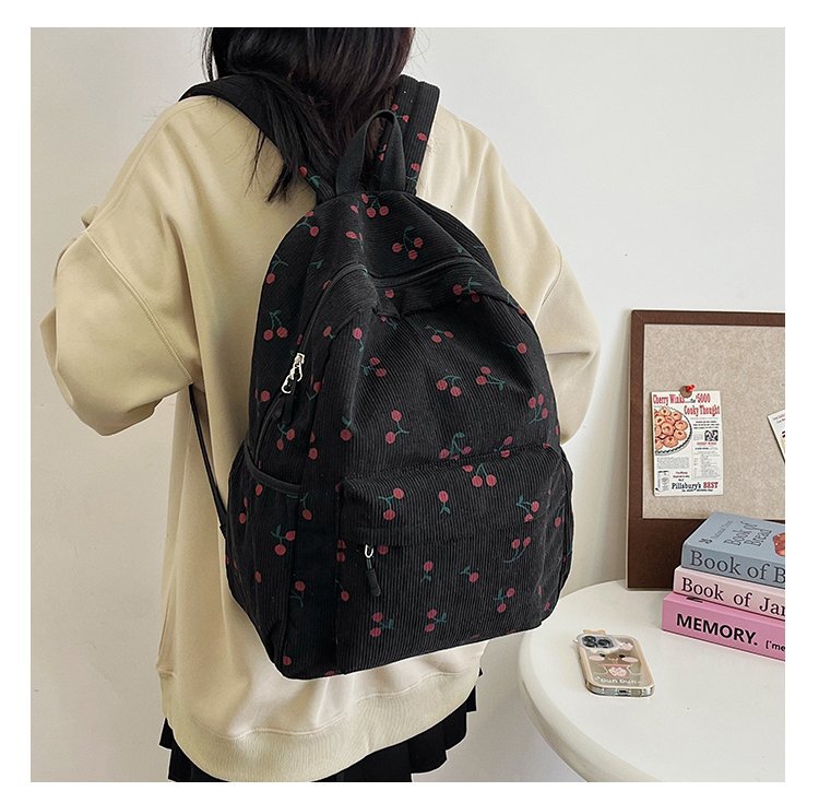 1197g Weight Polyester Lining Material Zipper Closure Type Double Shoulder Straps Strap Type Casual, School, Daily Occasion Corduroy Material Back To School Festival School Backpack Backpack Cherry Pattern All Seasons Season Women's Gender Cute Style Shell Shape Cherry Casual School Daily School Backpack 14