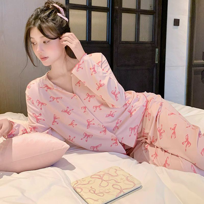 2026 New Threaded Ice Silk Pink Bow Spring and Autumn Long Sleeve V Neck Cartoon Sweet Pajamas Women's Home Clothes 2026 New Threaded Ice Silk Pink Bow Spring and Autumn Long Sleeve V Neck Cartoon Sweet Pajamas Women's Home Clothes