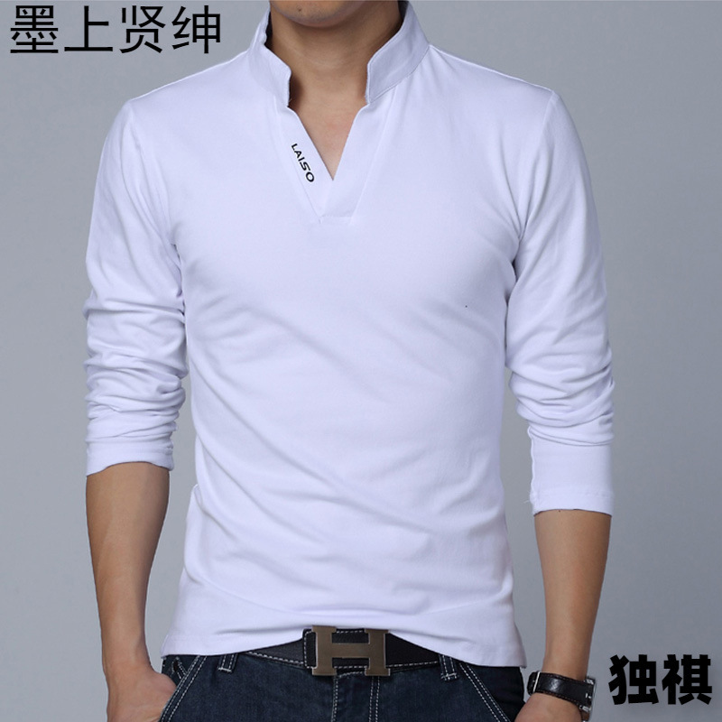 2023 Spring and Autumn New Youth plus size V-neck Long Sleeve T-shirt Men's Foreign Trade Cross-border Pullover Mouth Letter Printing polo