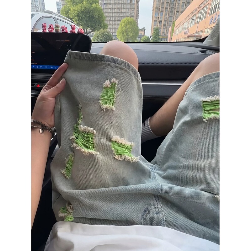 American-Style Washed Ripped Denim Shorts for Men, Summer Trendy Brand, Cool and Stylish Boys' Five-Point Pants, Loose Straight-Leg Mid-Length Shorts
