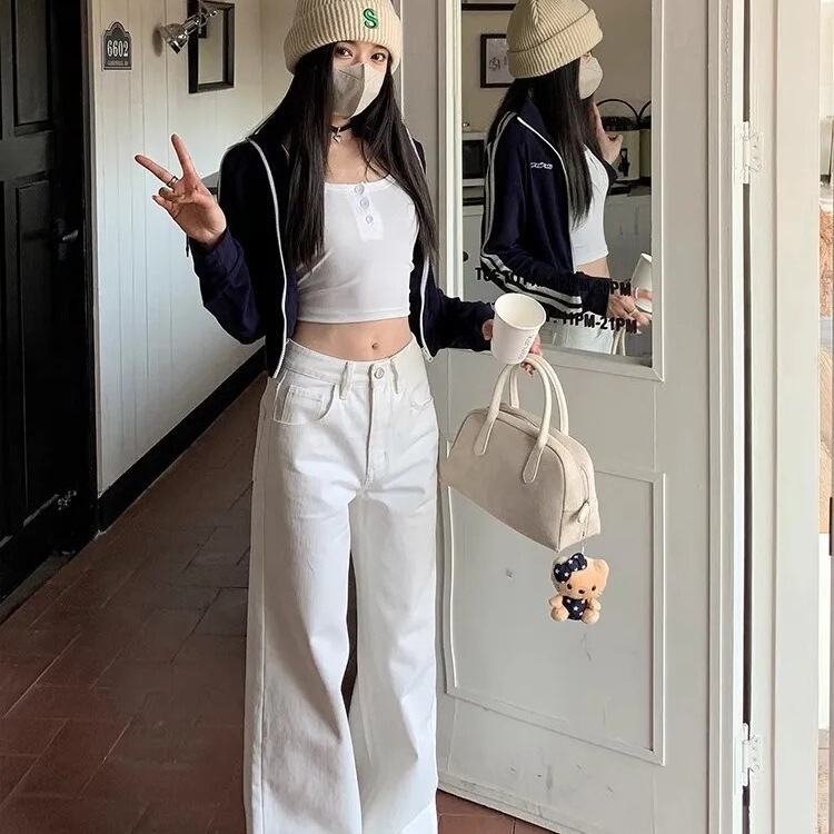 美式直筒阔腿裤女2025年春新款百搭经典白色高腰显瘦拖地牛仔裤子|undefined