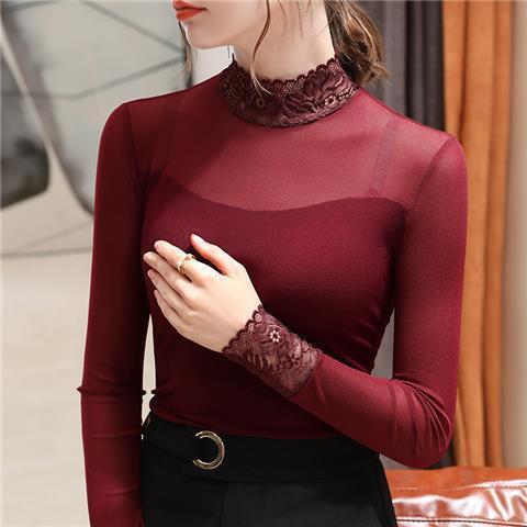 European Lace Base Shirt for Women, Stylish Inner Wear, New Spring and Autumn Mesh Splicing Versatile French Top for Women