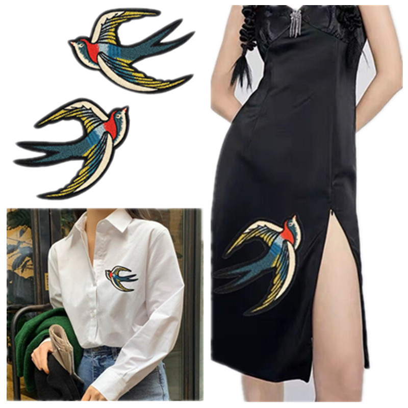 金线燕子刺绣布贴一对牛仔衣服裙包装饰辅料背胶补丁贴花DIY