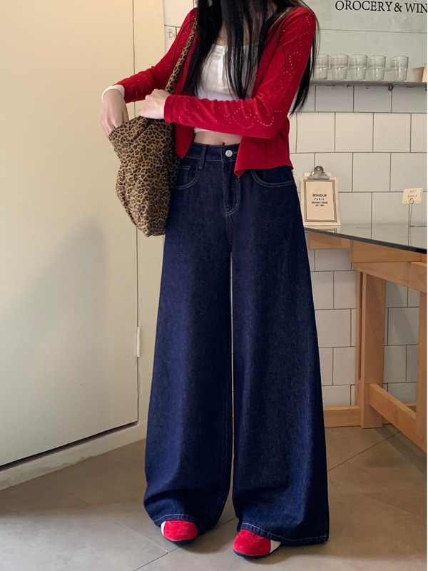 梨形身材深蓝色阔腿牛仔裤女秋季新胖妹妹mm高腰宽松显瘦拖地裤子|undefined