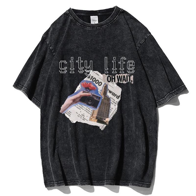 Fashion Y2K Vintage T-Shirt Retro Letter Print T-Shirt Washed Top Hip Hop Streetwear Clothes Summer Harajuku Style