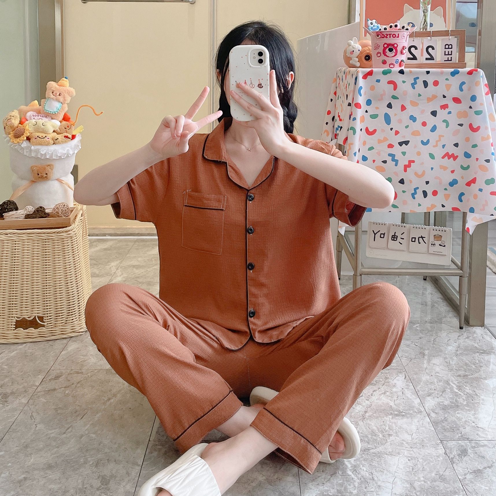 Comercio exterior transfronterizo al por mayor pantalones de manga corta pijamas mujeres verano espuma fina color sólido cardigan solapa traje de servicio a domicilio