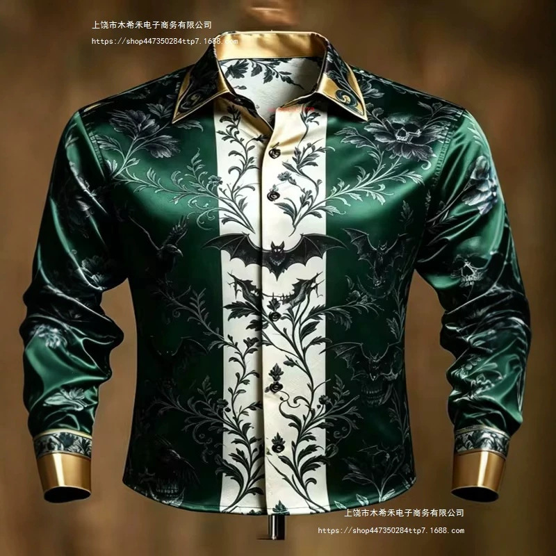 Men's Glossy Satin Gothic Style Long-Sleeved Collared Shirt with High-Definition 3D Print of Bats and Skulls