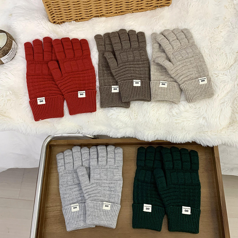 Guantes de punto de invierno nuevos guantes de montar de cinco dedos de color sólido de waffle caliente coreano