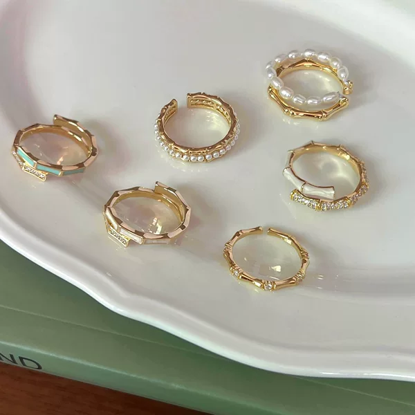 Bamboo Ring Women's 2025 New Explosions Niche Unique Foreign Style Enamel Pearl Decoration Ring Student Party