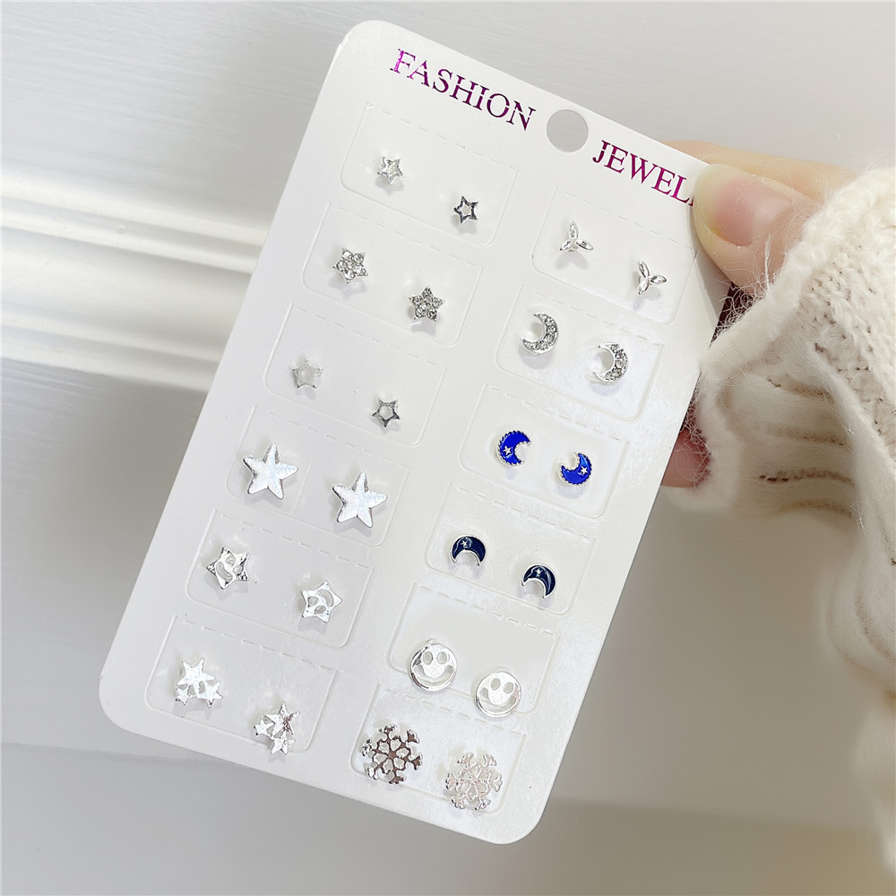 12 Pairs Of Silver Ear Studs Suit Fashion New Simple Earring Wholesale display picture 4