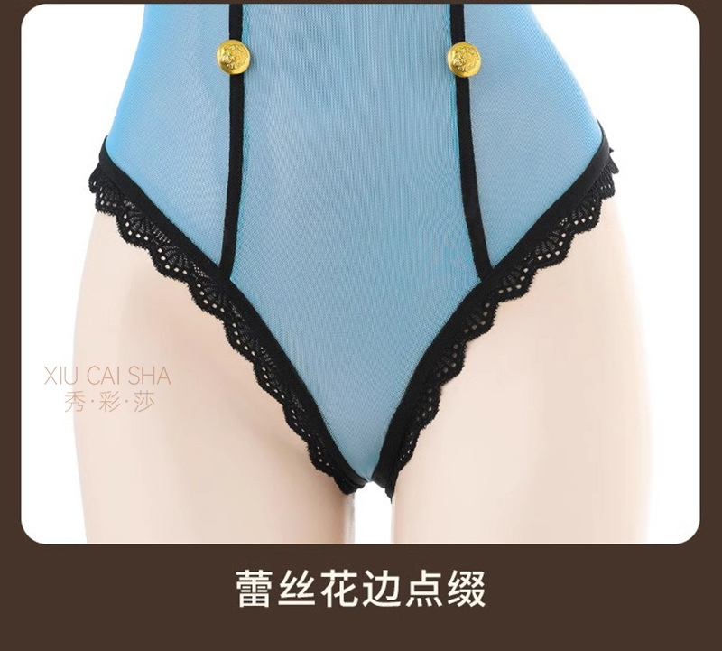 Crotchless See-Through Policewoman Costume Jumpsuit with Hat, One Size, Black Polyester — detail image 22