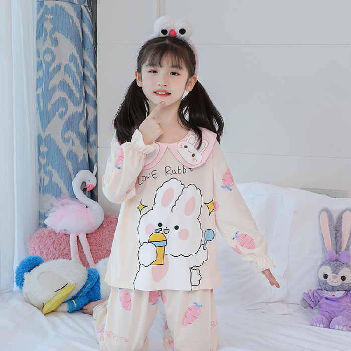 15 años de edad nueva primavera y otoño de los niños pijamas de manga larga de las mujeres lindo princesa muñeca collar de las mujeres mayores de algodón peinado desgaste del hogar de los niños