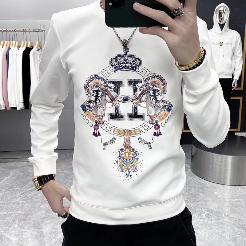 Autumn and Winter New Sweater Men's 2022 Fashion Slim-fit Spiritual Boy Round Neck Turtleneck Hot Drilling Printed Spring Long Sleeve