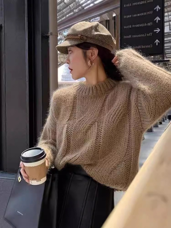 慵懒风麻花毛衣女冬韩式上衣长袖宽松显瘦圆领套头针织打底衫百搭|undefined